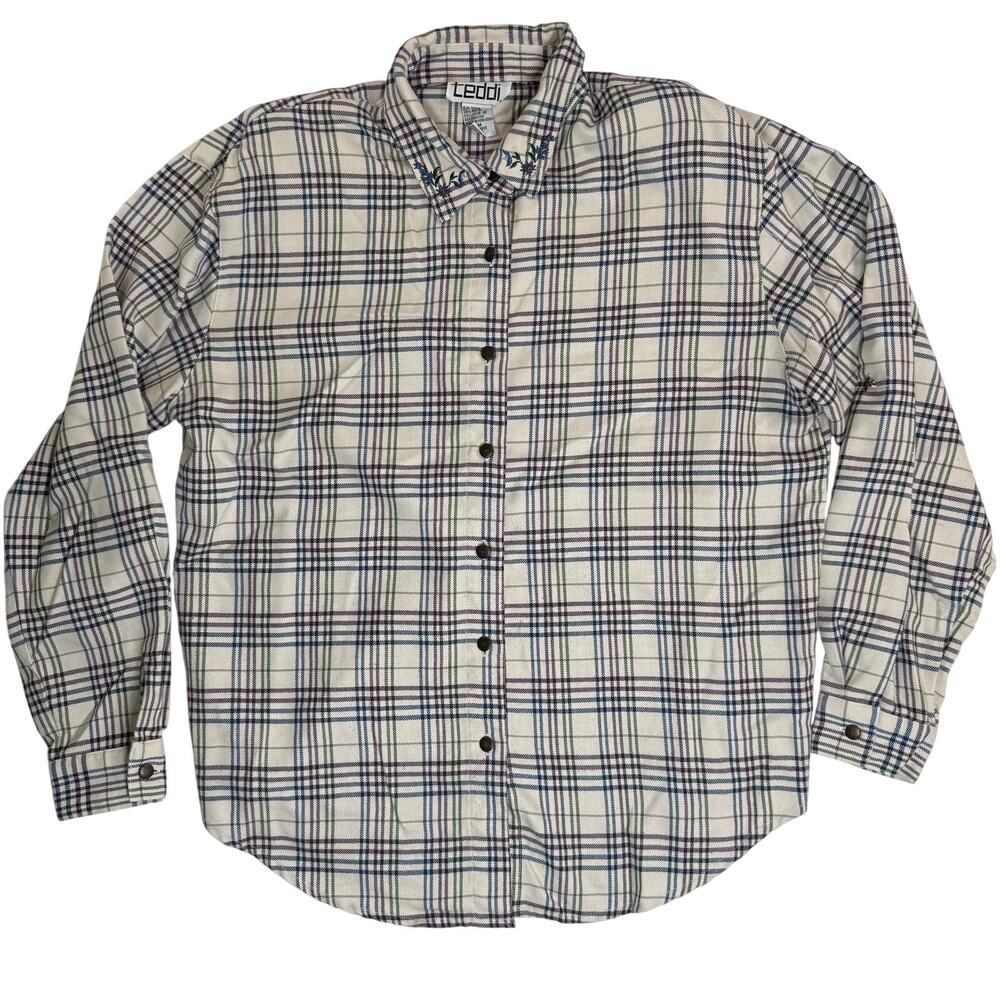 Vintage Y2K Women's Medium Plaid Flannel Button Down Shirt Roll Tab Embroidered